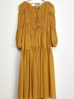 Terni Mustard Yellow Long Sleeve Pleated Tiered Midi Dress
